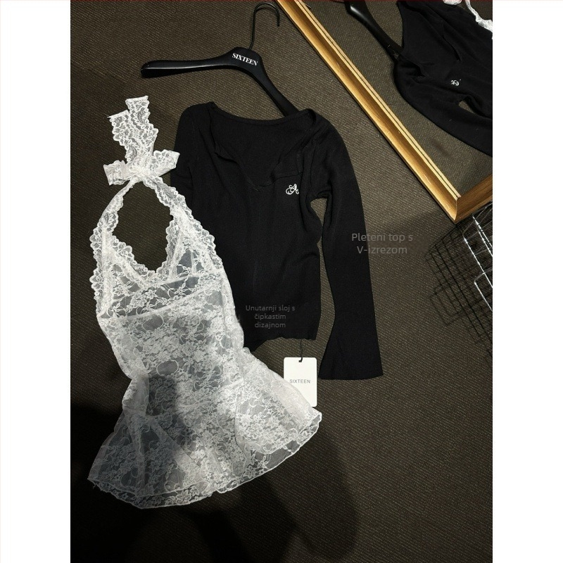 Ženski pleteni pulover s V-izrezom, izšiveno i čipka, akrilno-poliesterska smjesa, jednobojni uzorak, zvonasti rukavi, obična duljina (50–65 cm), jesenki casual stil 2024