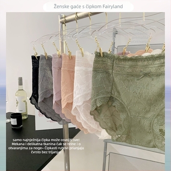 Čipkaste ženske gaćice sa srednjim strukom, prozračne i antibakterijske; glavni materijal: čipka (nylon); podstava: viskoza; jednobojni uzorak