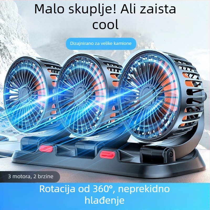 Automobilski ventilator za montažu, 24V, tri glave, ultratiho, USB napajanje, za kombije i kamione