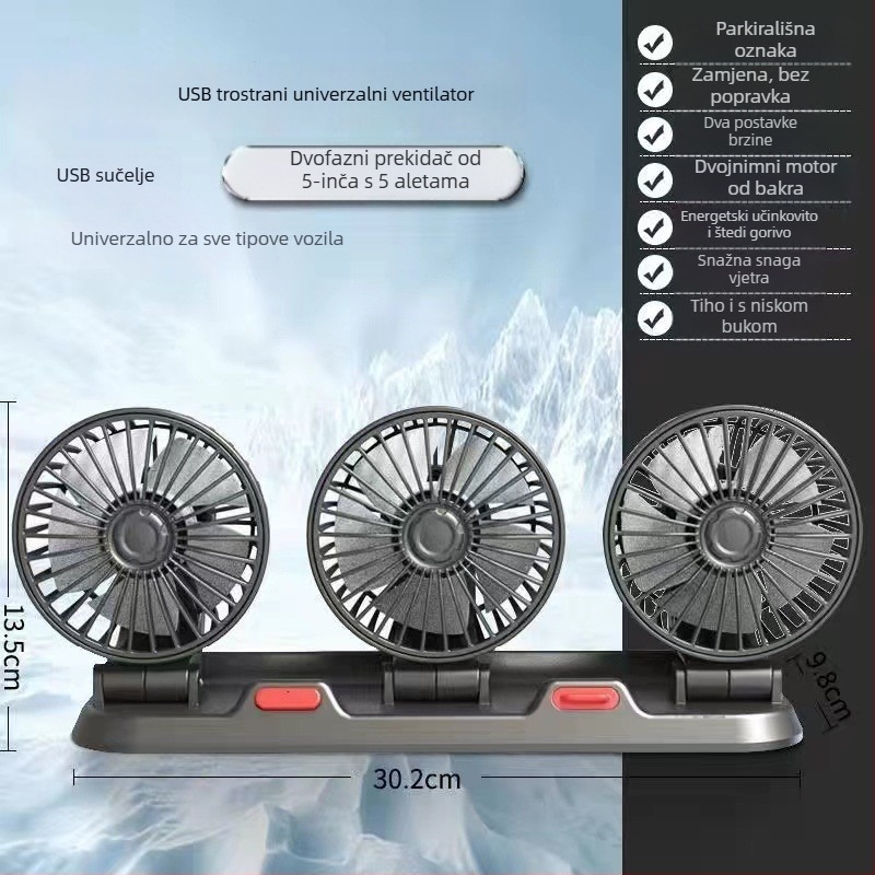 Automobilski ventilator za montažu, 24V, tri glave, ultratiho, USB napajanje, za kombije i kamione