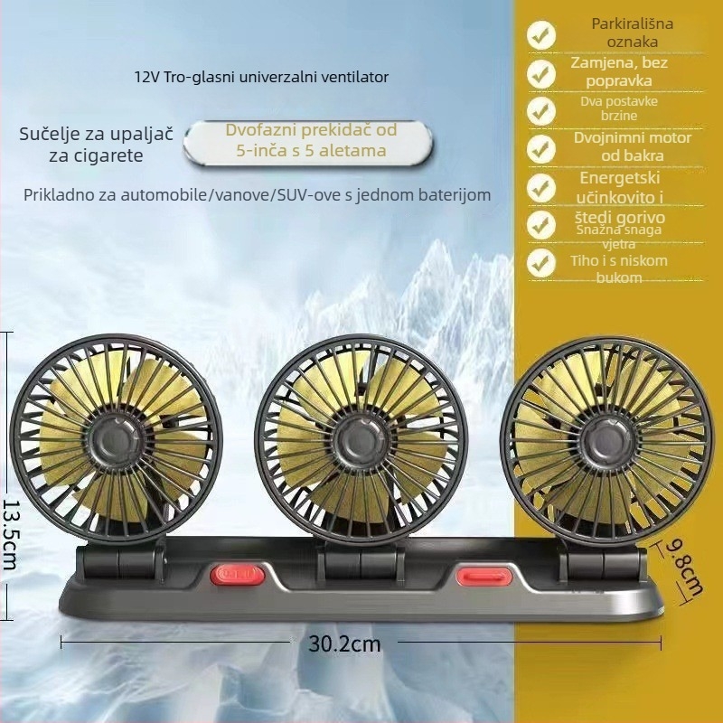 Automobilski ventilator za montažu, 24V, tri glave, ultratiho, USB napajanje, za kombije i kamione