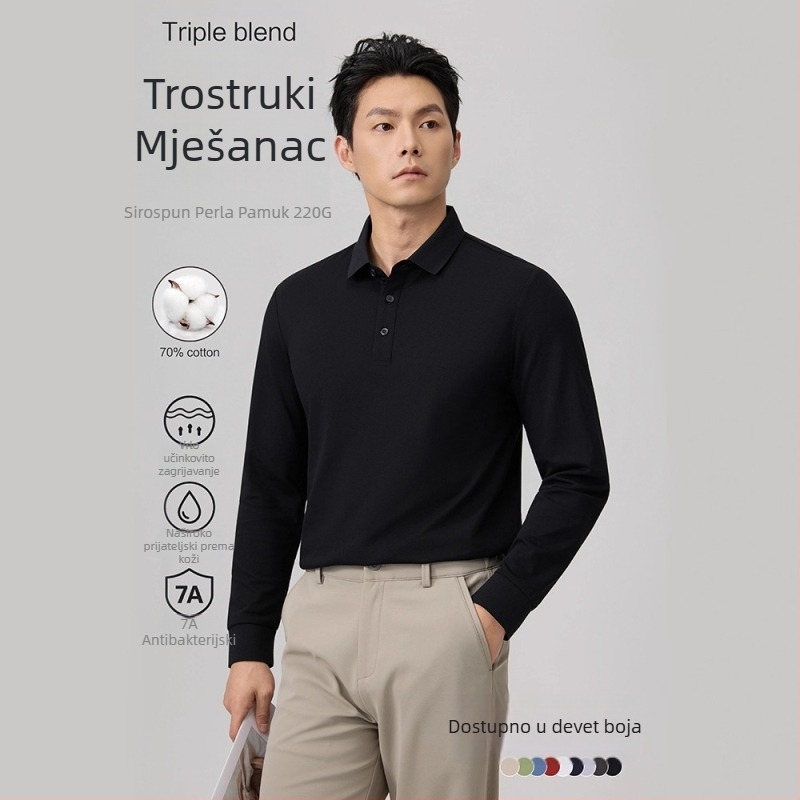 Muška polo majica s dugim rukavima, uski kroj, jednobojna, Mercerizirana pike pamuk; sastav: pamuk 69,7%, poliester 26,4%, elastan 3,9%