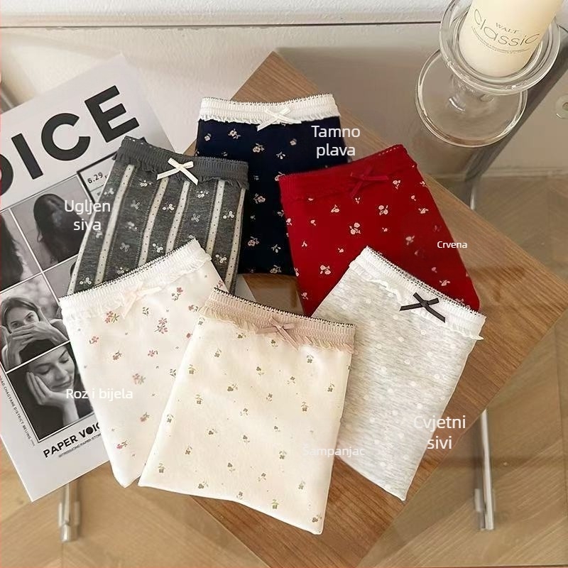 Djevojačke pamuk bokserice s floralnim uzorkom, antibakterijske, prozračne, brzo se suše; visok struk; glavna tkanina 90–95% pamuk; podstava prepona 100% pamuk