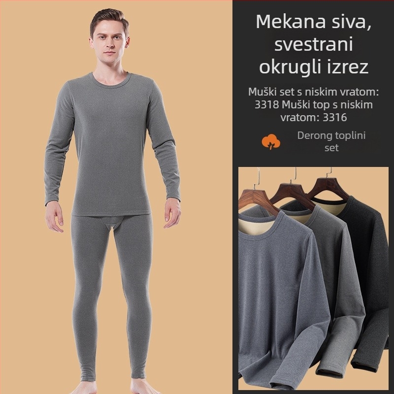 Muški debeli baršunasti termalni komplet od akrilnih vlakana, s okruglim izrezom, dugim rukavima, gornji dio i hlače, 201-250 g/m2