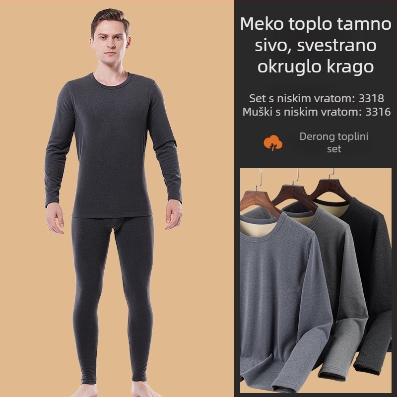Muški debeli baršunasti termalni komplet od akrilnih vlakana, s okruglim izrezom, dugim rukavima, gornji dio i hlače, 201-250 g/m2