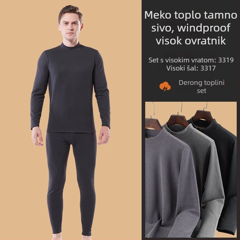 Muški debeli baršunasti termalni komplet od akrilnih vlakana, s okruglim izrezom, dugim rukavima, gornji dio i hlače, 201-250 g/m2