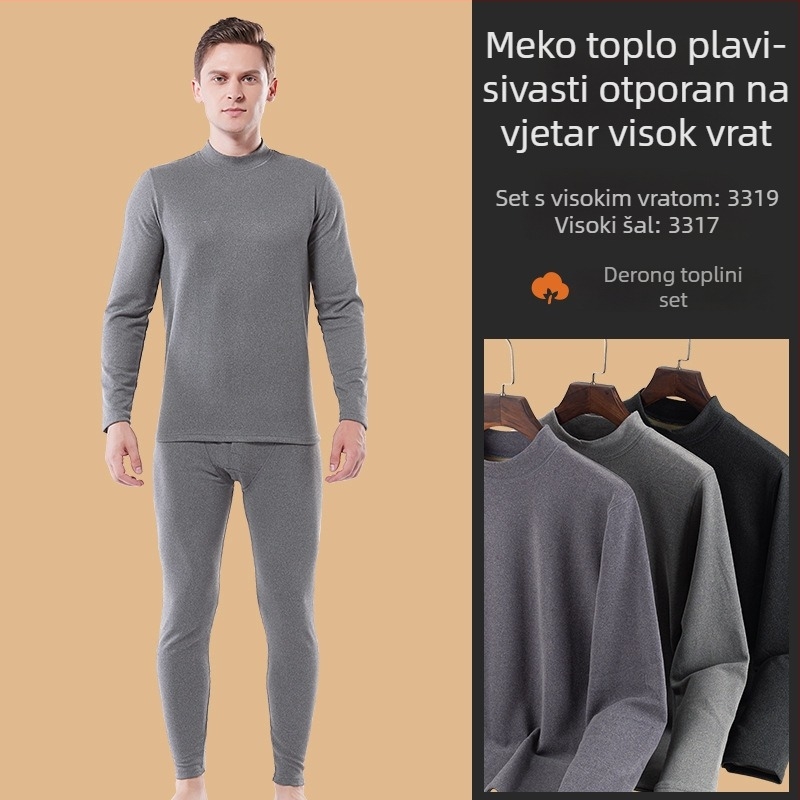 Muški debeli baršunasti termalni komplet od akrilnih vlakana, s okruglim izrezom, dugim rukavima, gornji dio i hlače, 201-250 g/m2
