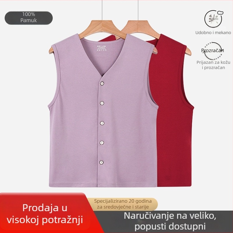 Ženski pamučni kardigan-vest, debeli za toplinu, jednostavan stil, ekološki materijal; duljina 50–65 cm