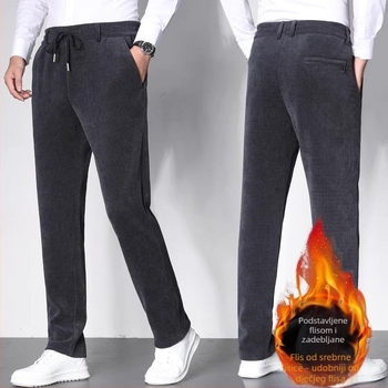 Muške Corduroy casual hlače, ravnog kroja, podstavljene fleeceom, debele, s pojasom i zatvaranjem uz čvor