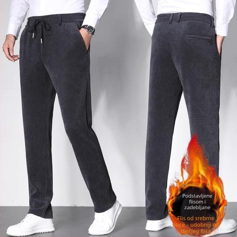 Muške Corduroy casual hlače, ravnog kroja, podstavljene fleeceom, debele, s pojasom i zatvaranjem uz čvor