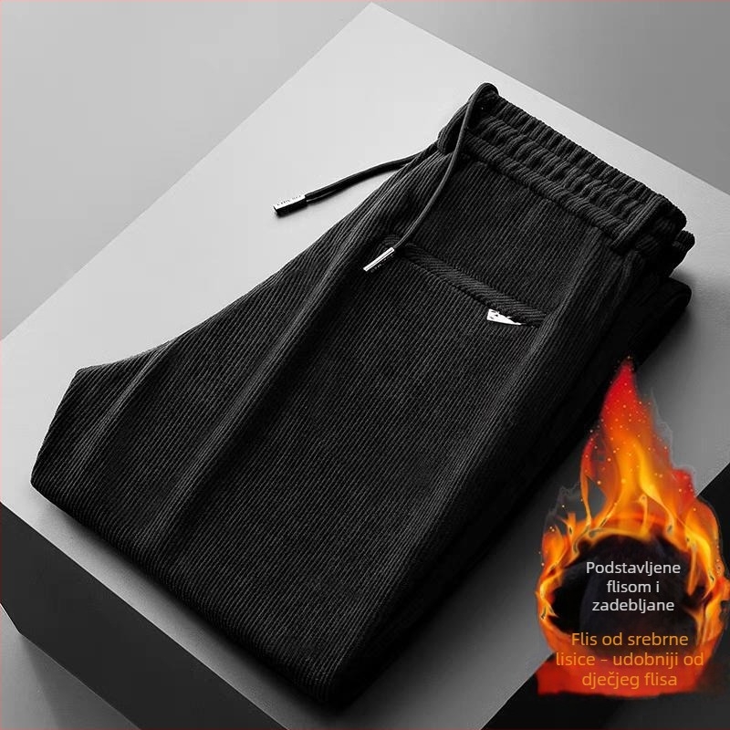 Muške Corduroy casual hlače, ravnog kroja, podstavljene fleeceom, debele, s pojasom i zatvaranjem uz čvor