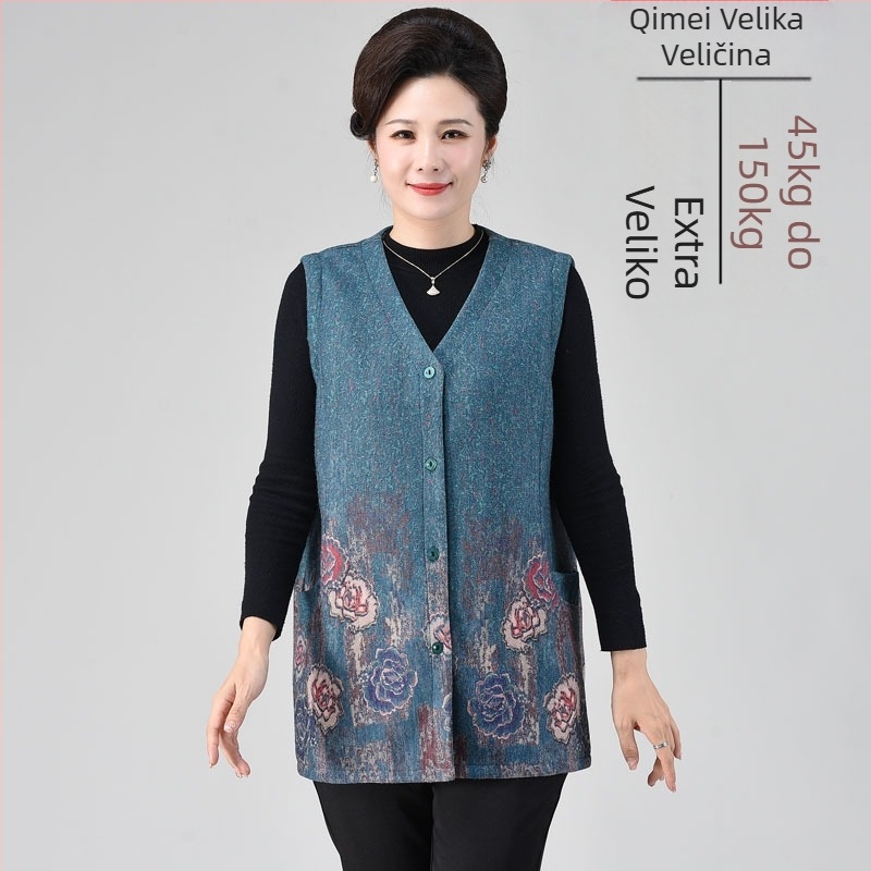 Bez rukava vest za starije osobe, plus veličina, uzorak peonije, V-izrez, sintetički kašmir u mešavini s poliesterom 90–95%, spandeks <30%
