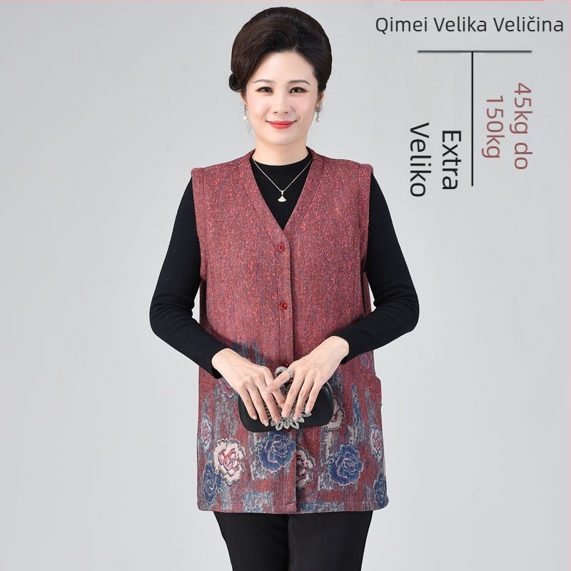 Bez rukava vest za starije osobe, plus veličina, uzorak peonije, V-izrez, sintetički kašmir u mešavini s poliesterom 90–95%, spandeks <30%