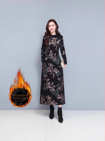 Zimska haljina s velurom, V-izrez, dugi rukavi, elastičan pojas, srednja duljina, casual japansko-korejski stil