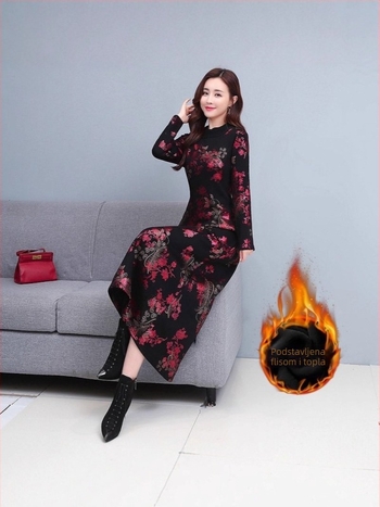 Zimska haljina s velurom, V-izrez, dugi rukavi, elastičan pojas, srednja duljina, casual japansko-korejski stil