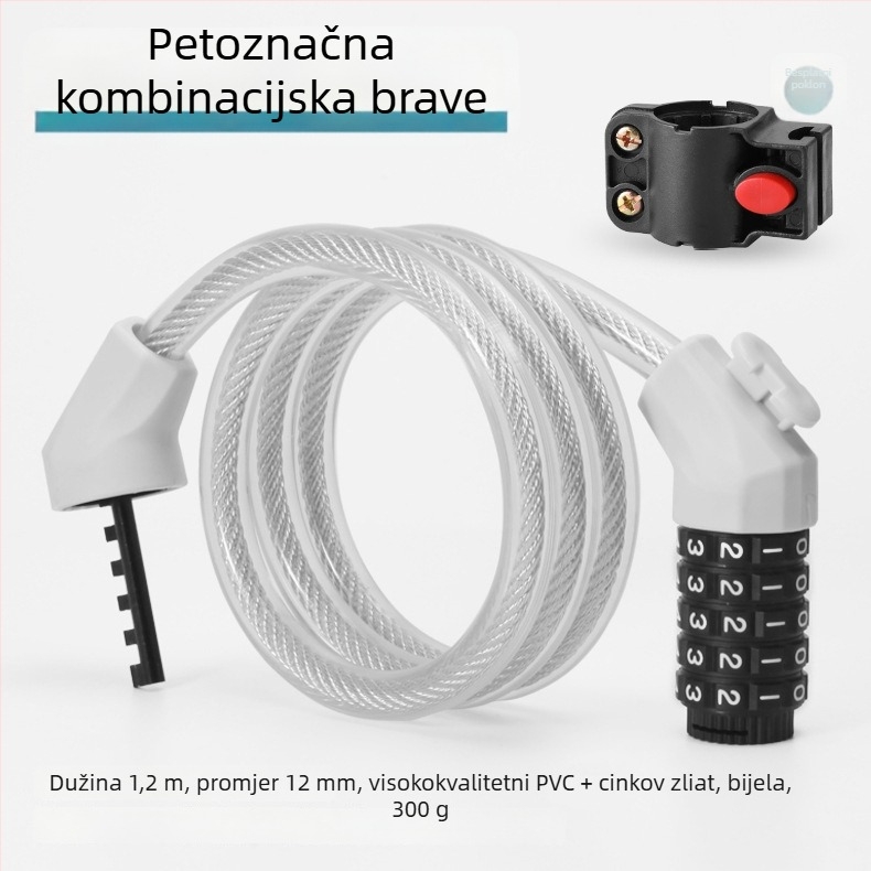 Petocifreni kombinacijski sigurnosni lok za bicikl – prijenosni lok za planinski bicikl, model MK0301, materijal: ABS + čelični kabel + PVC + cinkov oksidni jezgra brave, težina 250 g, moderan minimalistički dizajn