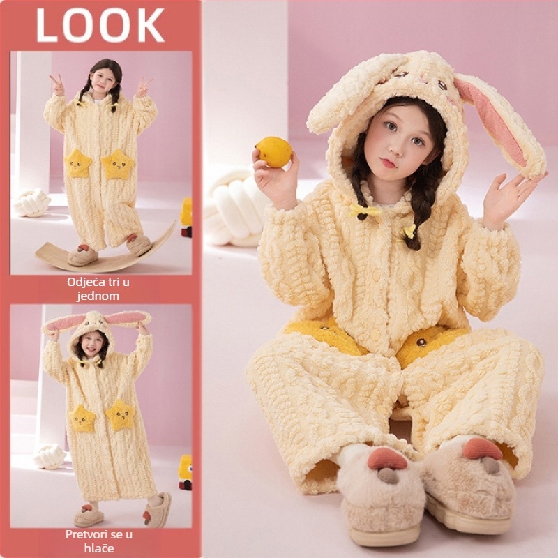 Dječji pidžama set s kapuljačom od coral fleecea – cartoon uzorak, korejski stil, zima, debeli materijal, 100% poliester