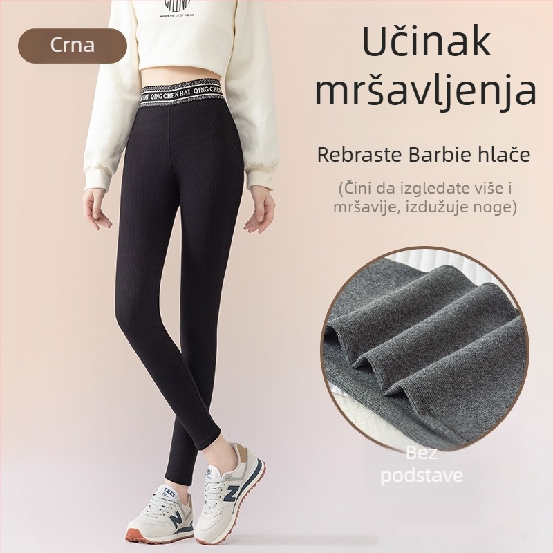 Ženske tajice s flis podstavom, tople, s vertikalnim ribanim uzorcima, uski kroj, 3/4 dužine, Barbie stil
