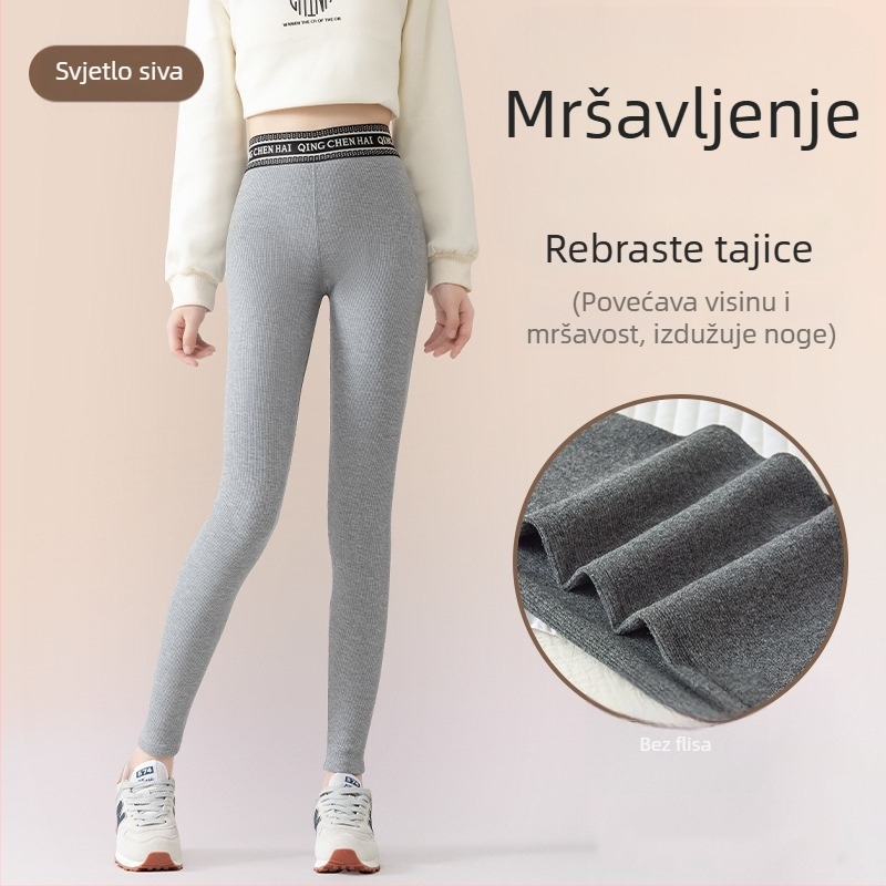 Ženske tajice s flis podstavom, tople, s vertikalnim ribanim uzorcima, uski kroj, 3/4 dužine, Barbie stil