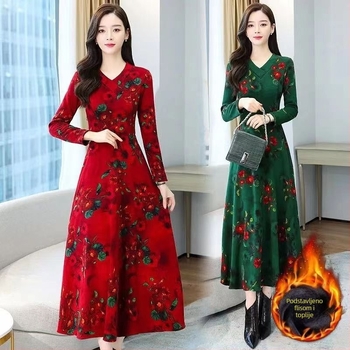 Haljina A-line s floralnim uzorkom, V-dekolte, duge rukave, visok struk, srednje duljine, poliester