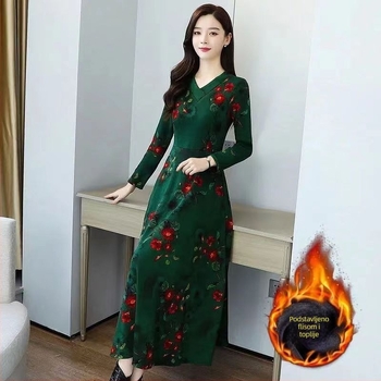 Haljina A-line s floralnim uzorkom, V-dekolte, duge rukave, visok struk, srednje duljine, poliester