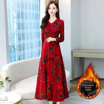 Haljina A-line s floralnim uzorkom, V-dekolte, duge rukave, visok struk, srednje duljine, poliester