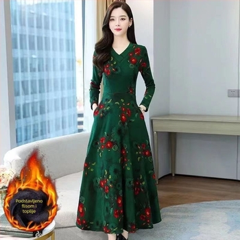 Haljina A-line s floralnim uzorkom, V-dekolte, duge rukave, visok struk, srednje duljine, poliester