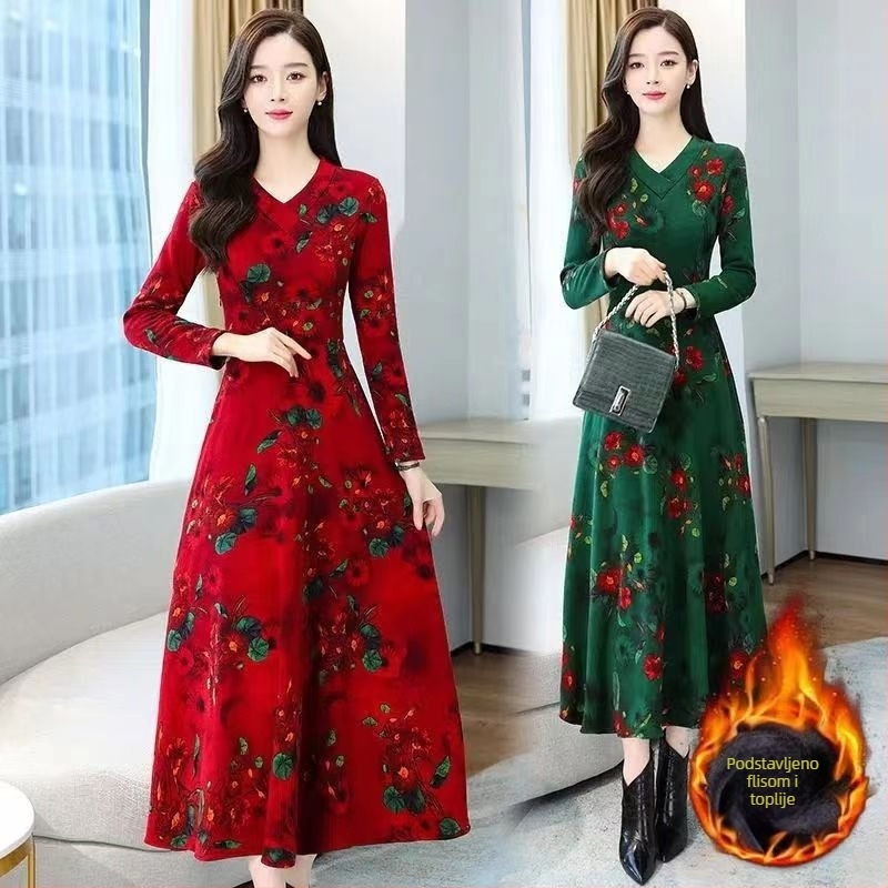 Haljina A-line s floralnim uzorkom, V-dekolte, duge rukave, visok struk, srednje duljine, poliester