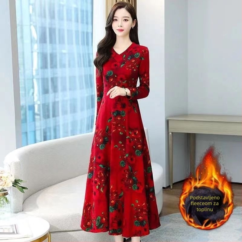 Haljina A-line s floralnim uzorkom, V-dekolte, duge rukave, visok struk, srednje duljine, poliester