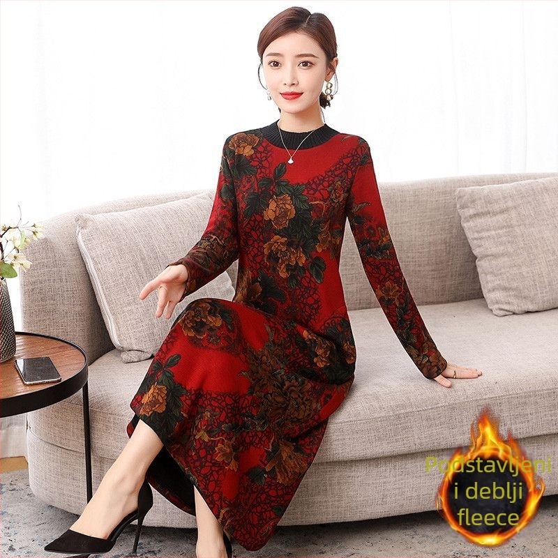 Duga haljina s floralnim printom, poliester tkanina, 90–95% sadržaj poliestera, japansko-korejski casual stil, otisak