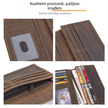 RFID-blokirani muški dugi novčanik od prave kože, prvi sloj teleće kože, 1 preklop, više pretinaca za kartice, podstava od poliester i pamuk