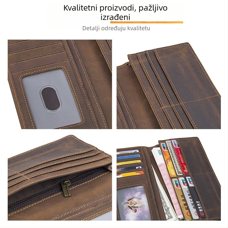 RFID-blokirani muški dugi novčanik od prave kože, prvi sloj teleće kože, 1 preklop, više pretinaca za kartice, podstava od poliester i pamuk