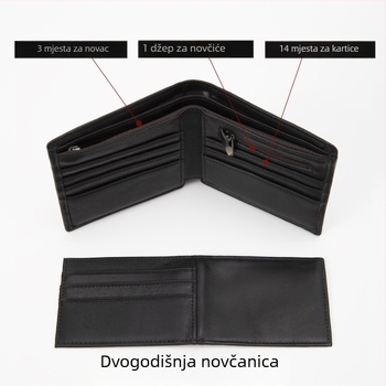 Muški novčanik od kože prvog sloja, s višestrukim pretincima za kartice, kratki stil, poliester podstava