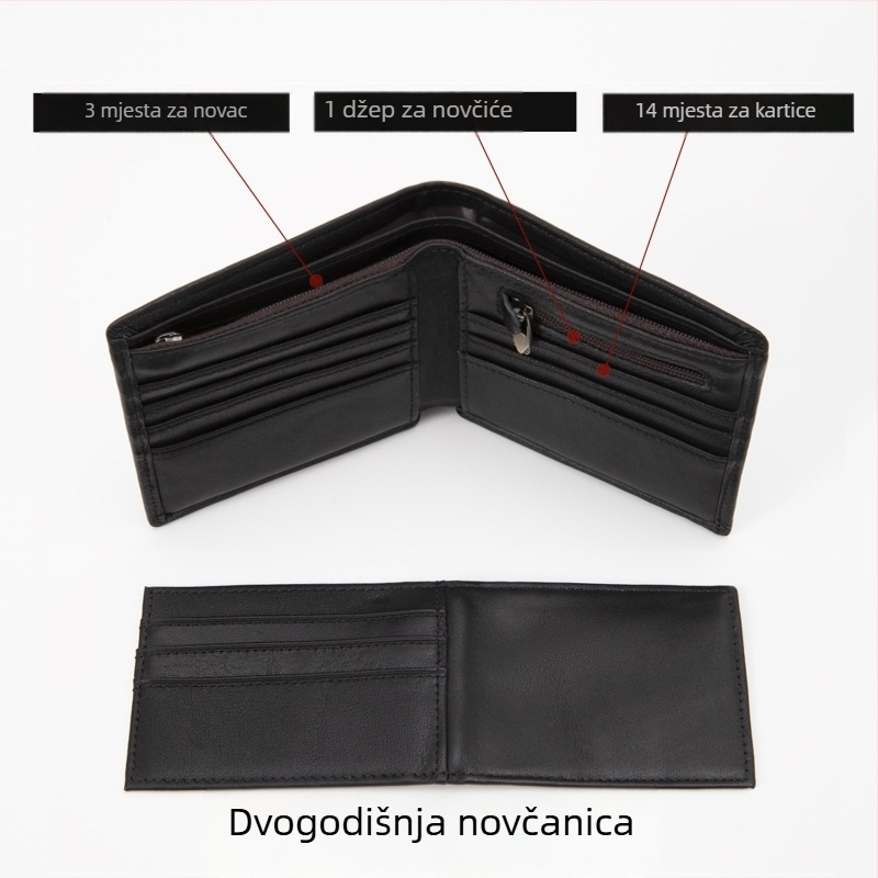 Muški novčanik od kože prvog sloja, s višestrukim pretincima za kartice, kratki stil, poliester podstava