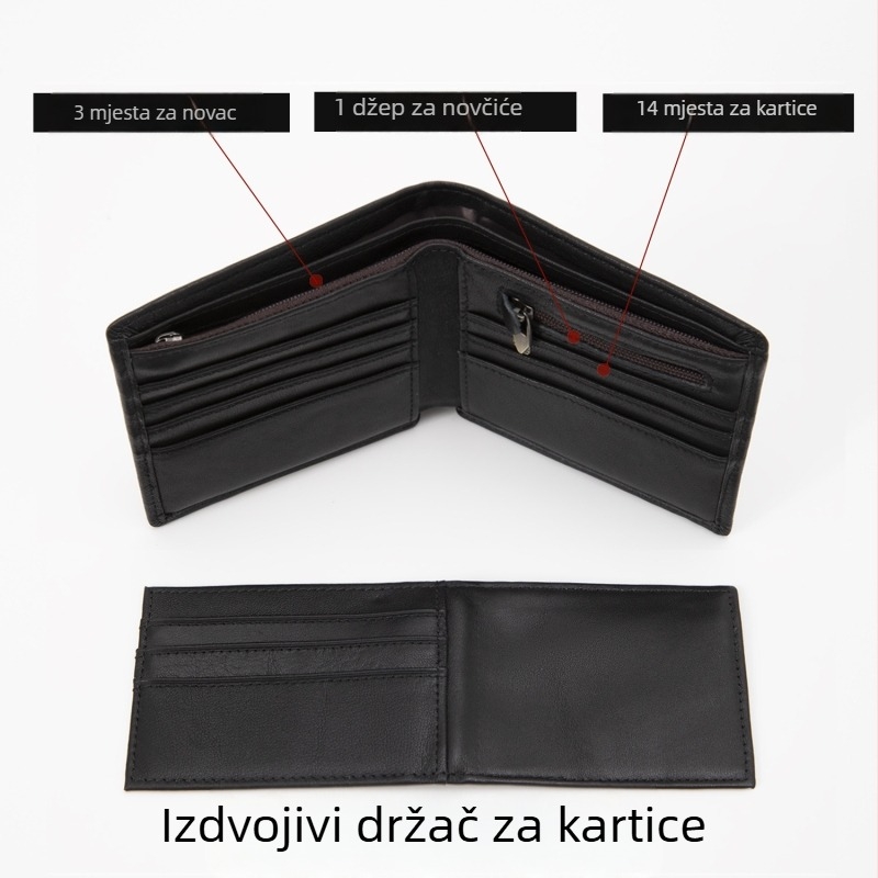 Muški novčanik od kože prvog sloja, s višestrukim pretincima za kartice, kratki stil, poliester podstava