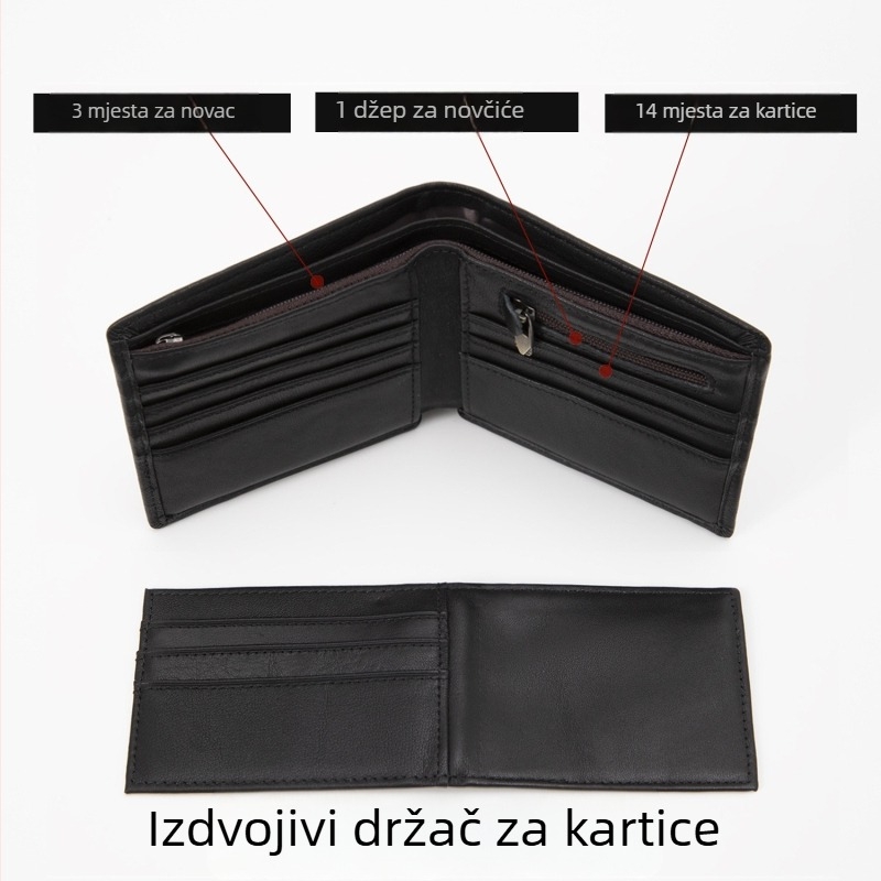 Muški novčanik od kože prvog sloja, s višestrukim pretincima za kartice, kratki stil, poliester podstava