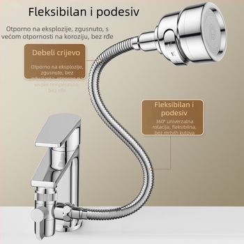 Univerzalni adaptor za slavinu umivaona s vanjskim produženjem za pranje kose, tijelo od legure, keramički disk ventil, dvostruka konstrukcija, radna temperatura 0–80°C, nazivni tlak 0,8 MPa