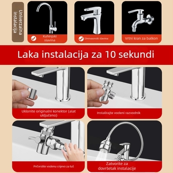 Univerzalni adaptor za slavinu umivaona s vanjskim produženjem za pranje kose, tijelo od legure, keramički disk ventil, dvostruka konstrukcija, radna temperatura 0–80°C, nazivni tlak 0,8 MPa