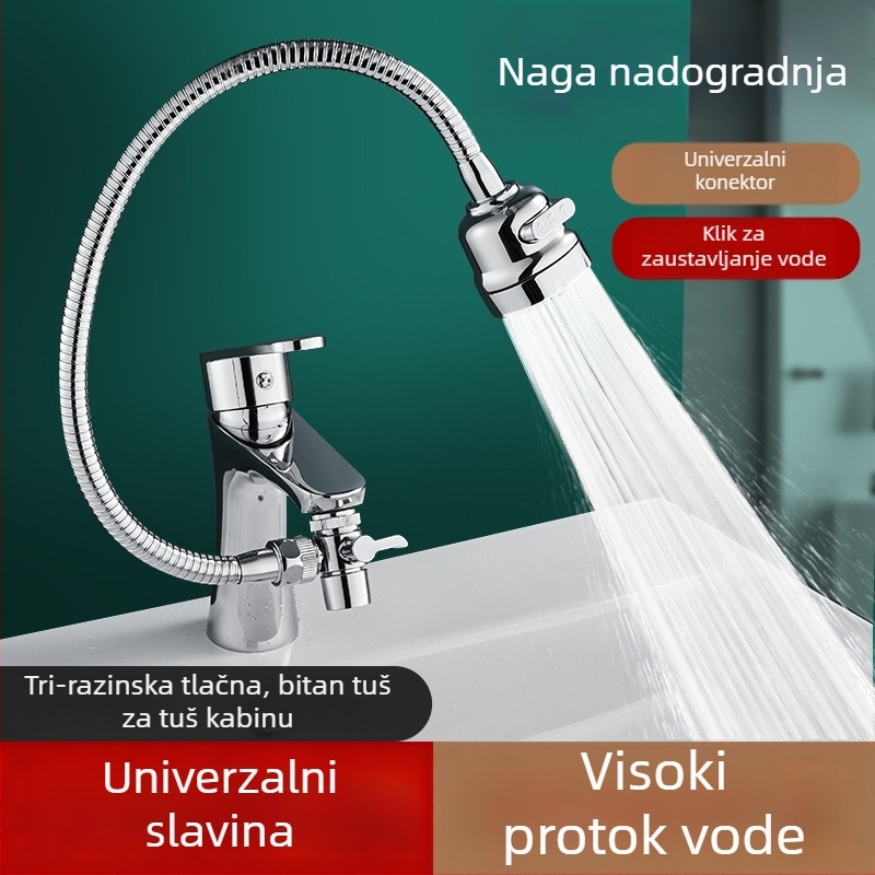 Univerzalni adaptor za slavinu umivaona s vanjskim produženjem za pranje kose, tijelo od legure, keramički disk ventil, dvostruka konstrukcija, radna temperatura 0–80°C, nazivni tlak 0,8 MPa