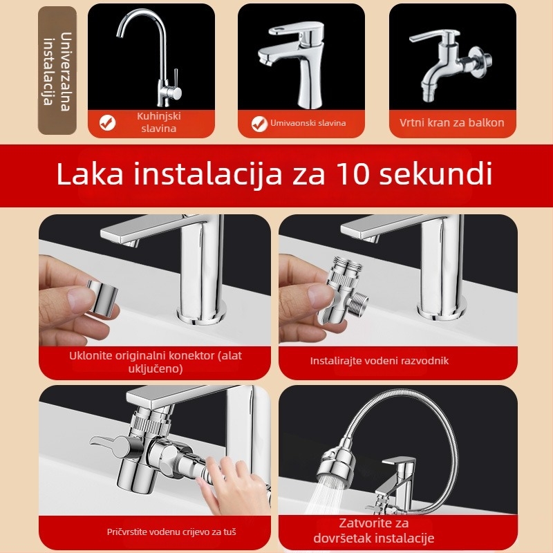 Univerzalni adaptor za slavinu umivaona s vanjskim produženjem za pranje kose, tijelo od legure, keramički disk ventil, dvostruka konstrukcija, radna temperatura 0–80°C, nazivni tlak 0,8 MPa