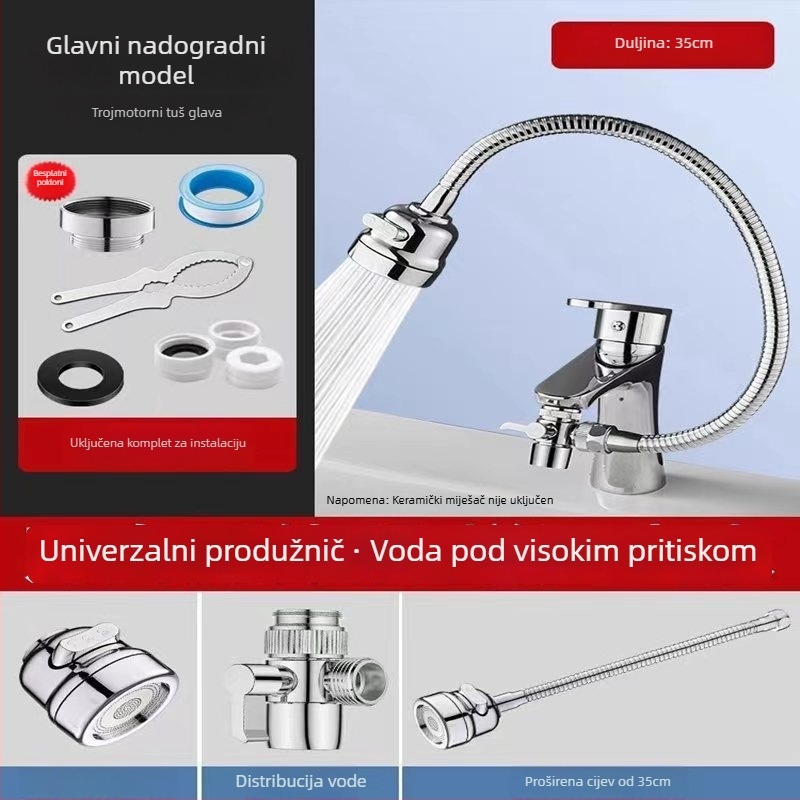 Univerzalni adaptor za slavinu umivaona s vanjskim produženjem za pranje kose, tijelo od legure, keramički disk ventil, dvostruka konstrukcija, radna temperatura 0–80°C, nazivni tlak 0,8 MPa