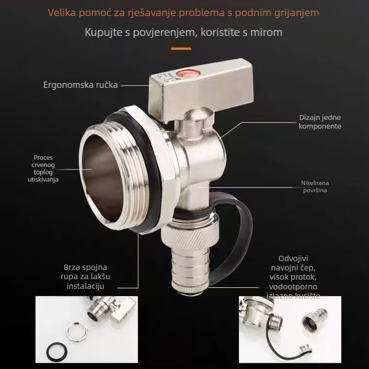 Bakreni ventil za ispuštanje vode za podno grijanje, kutni odvodi ventil za radijator s oslobađanjem zraka, veliki protok, debeli model s poklopcem FS-003