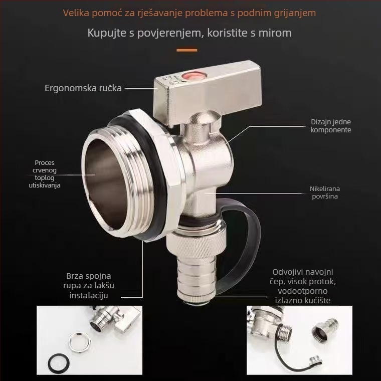 Bakreni ventil za ispuštanje vode za podno grijanje, kutni odvodi ventil za radijator s oslobađanjem zraka, veliki protok, debeli model s poklopcem FS-003