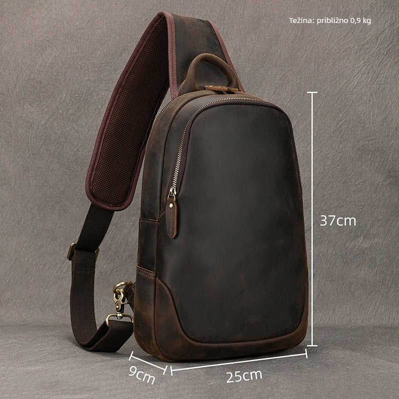 Muška torbica za prsa od prave kože, velika kapaciteta, crossbody stil (Materijal: prava koža; Prvi sloj teleće kože; Otporna na habanje; Podstava: poliester-pamuk; Model: 9452)