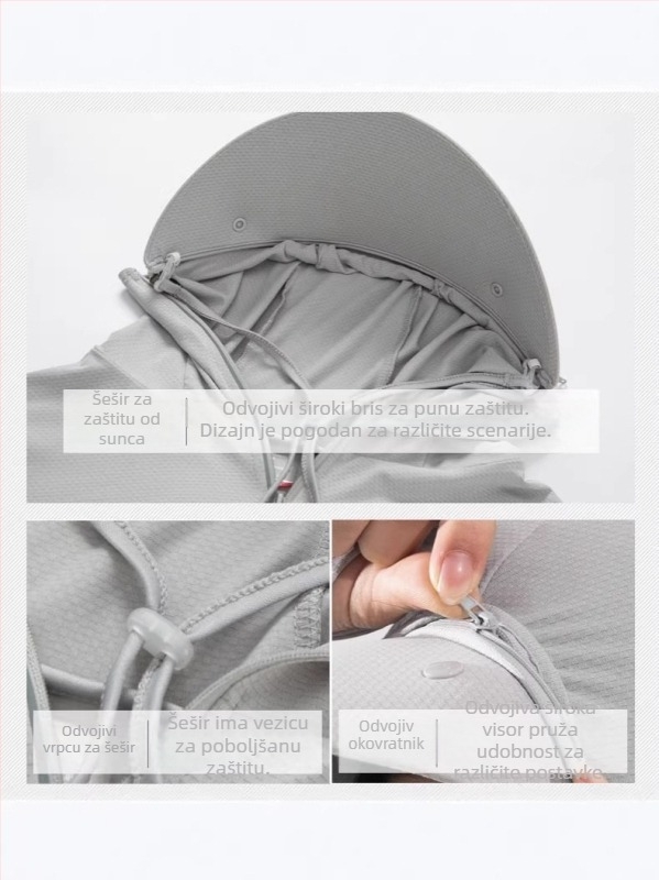 Vanjska jakna s odvojivom kapuljačom, UV zaštita, prozračni ice silk materijal, 93% poliester, 7% spandex, prednji zip i džepovi s zipovima