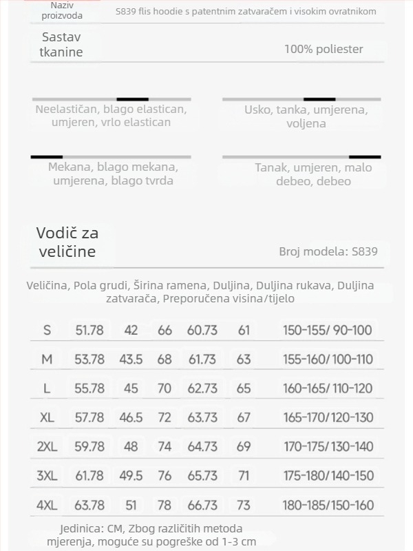 Unisex fleece jakna, podstava i punilo od poliestera, za jesen i zimu