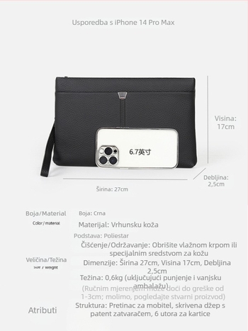 RuiBLI muška clutch torba, prava koža, prvi sloj teleće kože, jednobojna, podstava od poliester, dizajn smanjenja opterećenja