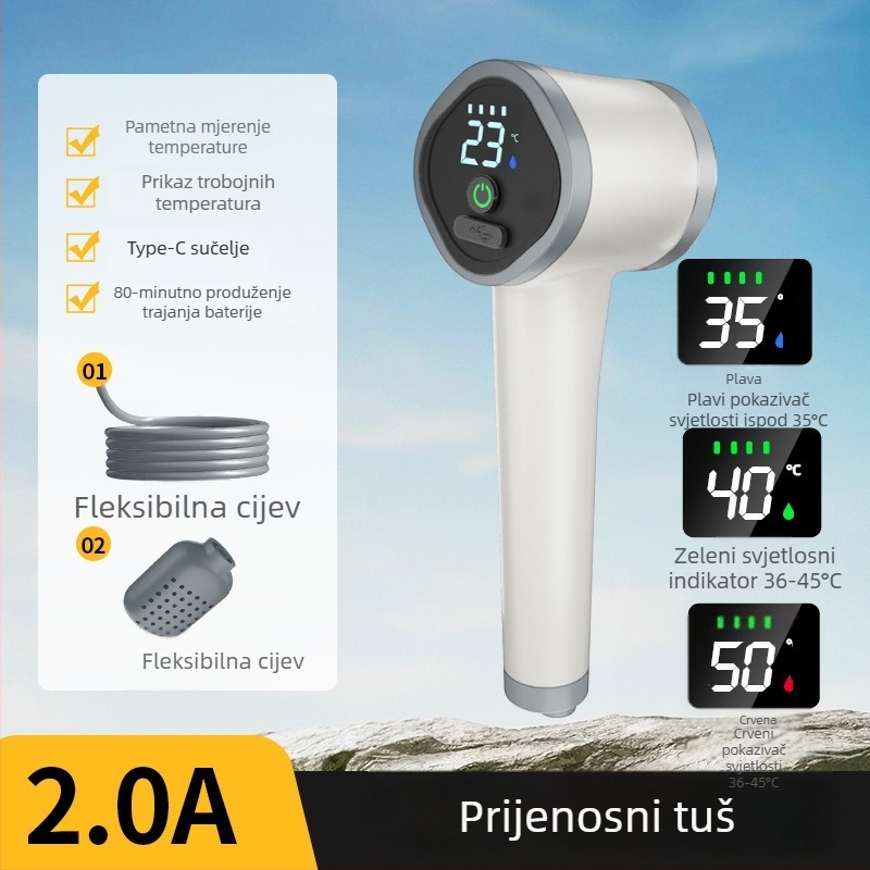 Prijenosni električni tuš – ABS tijelo, montaža pomoću usisne čašice, kontrola temperature, LED svjetlo, automatsko punjenje (Model 6411KT)