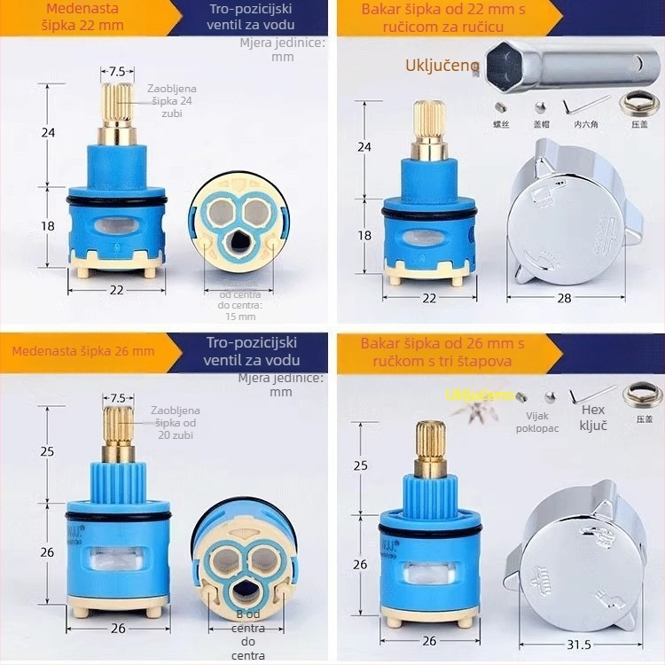 Jezgra ventila za tuš rasdjelnik – 2/3/4 stupnja miješanja tople i hladne vode, 90° okret, trajanje 3–5 godina, kompatibilan s tušem