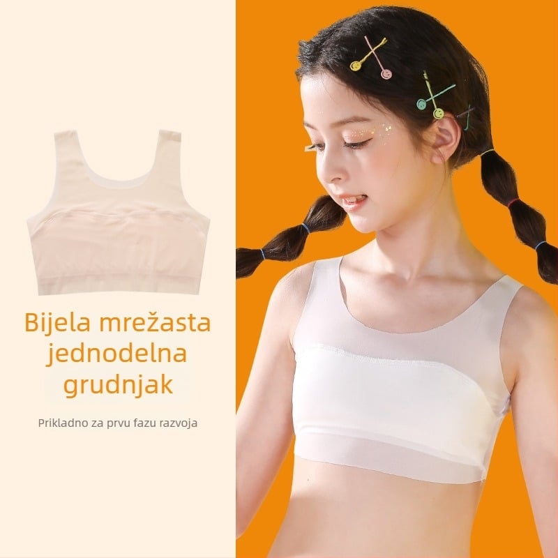 Trening grudnjak za djevojčice 9–13 godina, najlon tkanina s podstavom od spandeksa, potpuno košarice, ultra-tanki oblikovani košarice, fiksne dvostruke naramenice, prozračan i udoban.